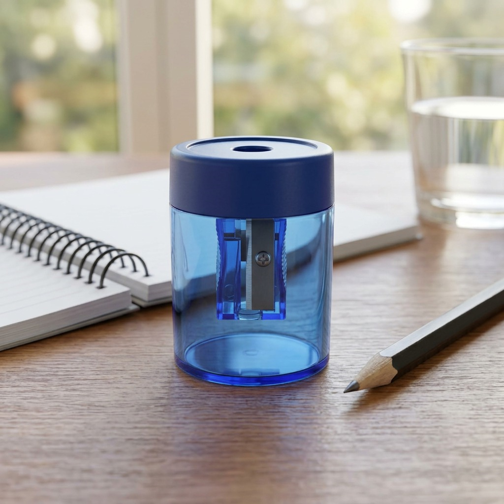 A high-resolution, centered view of the STAEDTLER Single-hole metal screw-tip manual pencil sharpener, model 511-63BKA6, with its translucent blue canister and solid blue lid on a pure white background.