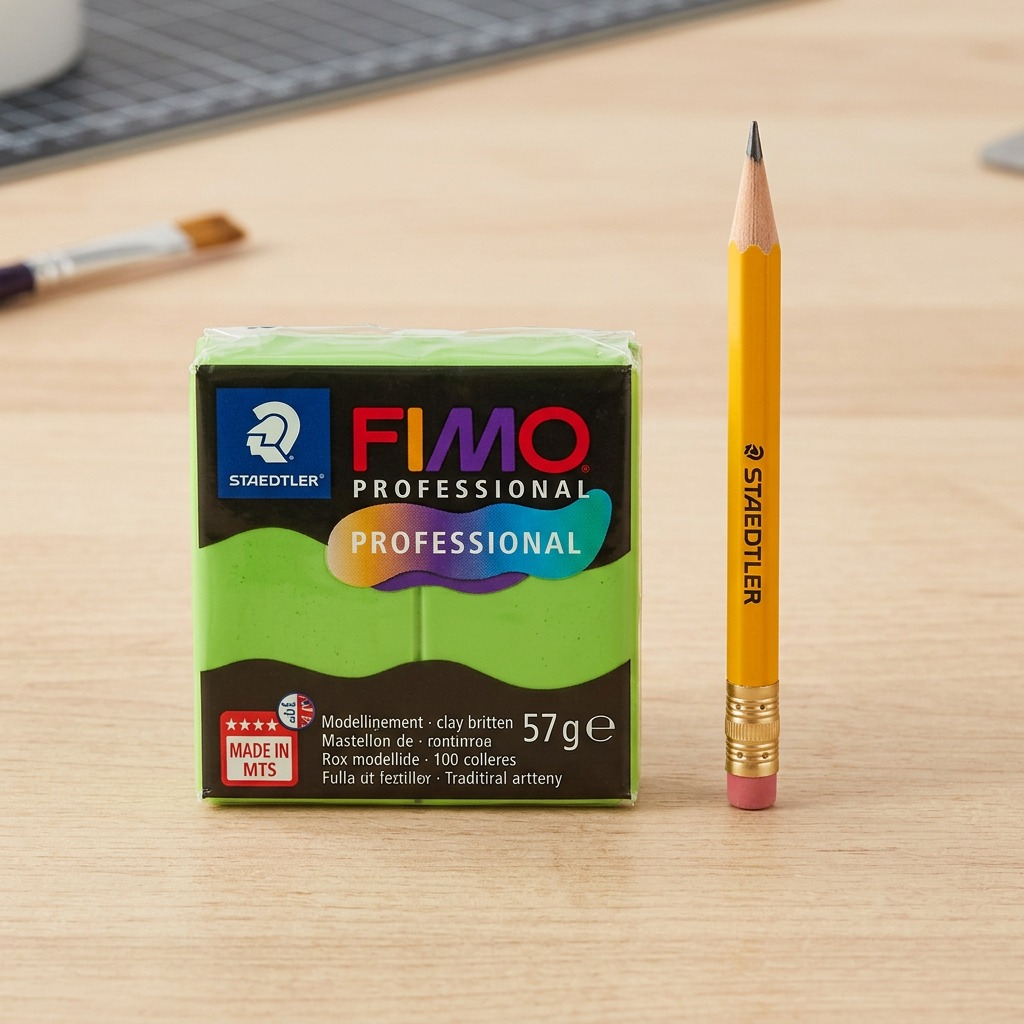 A high-resolution, centered image of a block of STAEDTLER Fimo Professional Light Green modeling clay on a seamless white background, capturing its textures and details.