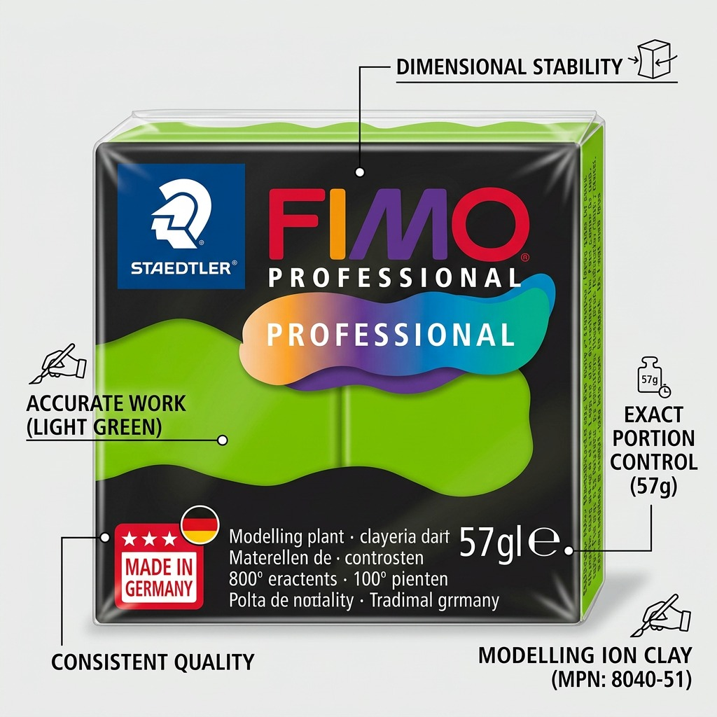 FIMO Professional – Pâte vert clair 57 g, réf. 8040-51 — caractéristiques illustrées
