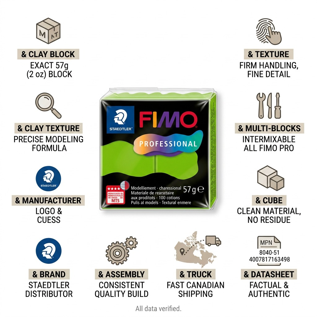 FIMO Professional – Pâte vert clair 57 g, réf. 8040-51 — caractéristiques illustrées