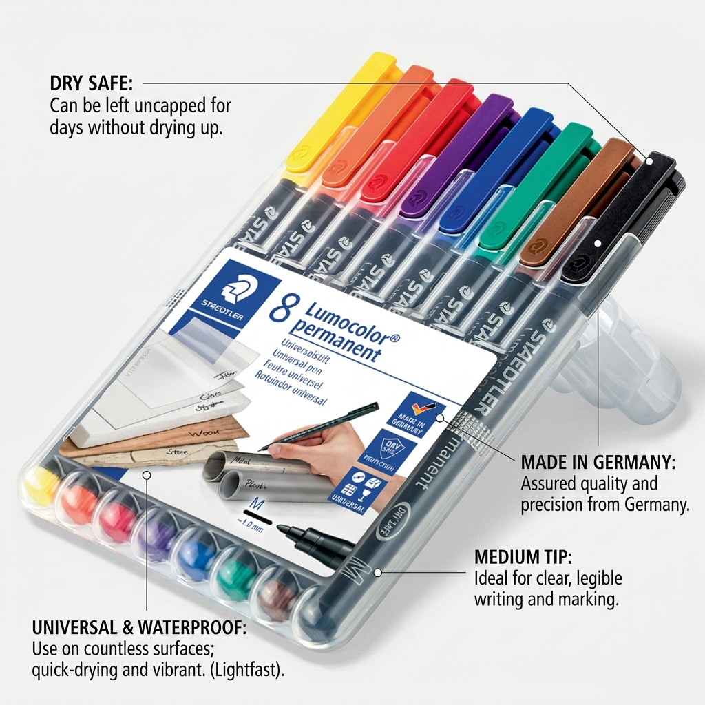 STAEDTLER Lumocolor – 8 marqueurs permanents moyen, réf. 317-WP8-10 — gros plan des détails