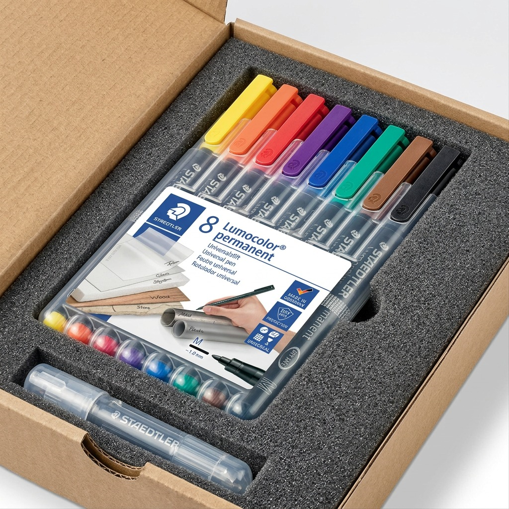 STAEDTLER Lumocolor – 8 marqueurs permanents moyen, réf. 317-WP8-10 — présentation de l’ensemble et de son emballage