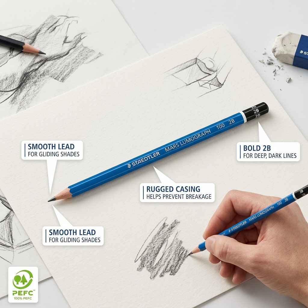 STAEDTLER Mars Lumograph – Crayon graphite 2B, réf. 100-2B-M — gros plan des détails