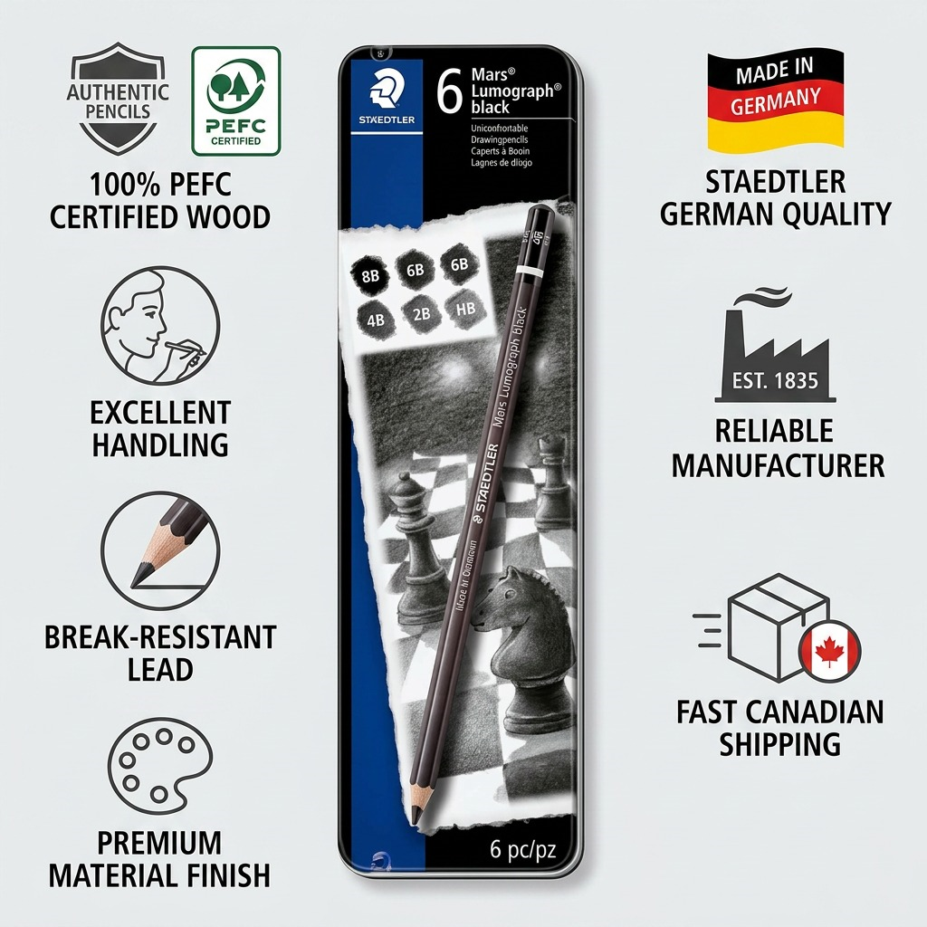 STAEDTLER Mars Lumograph – 6 crayons graphite noirs, réf. 100B-G6 — gros plan des détails