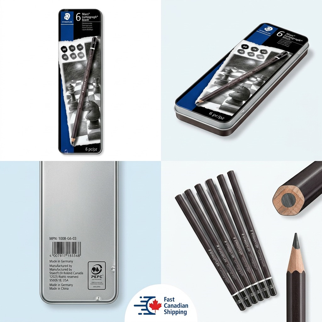 STAEDTLER Mars Lumograph – 6 crayons graphite noirs, réf. 100B-G6 — gros plan des détails