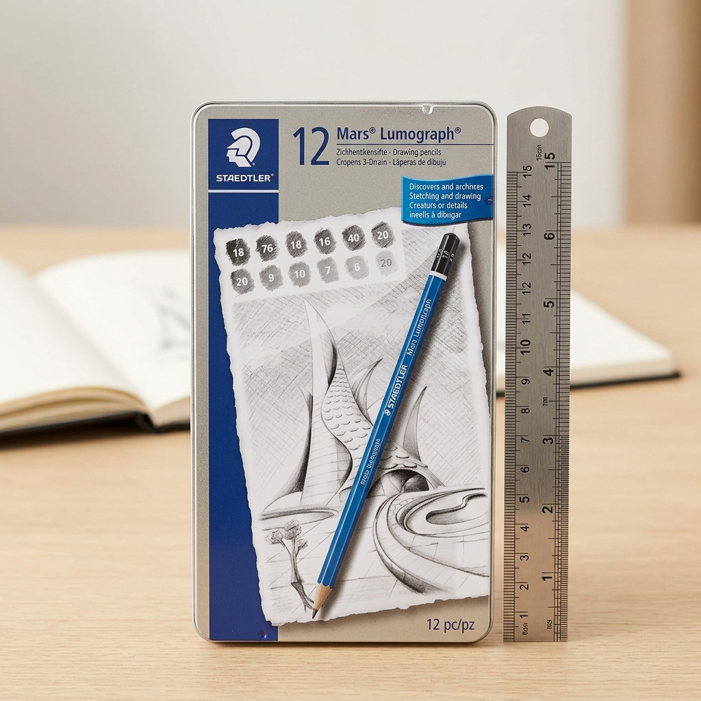 A high-resolution, centered view of the STAEDTLER Mars Lumograph 12drawing pencil tin with one pencil resting on it, on a pure white background.