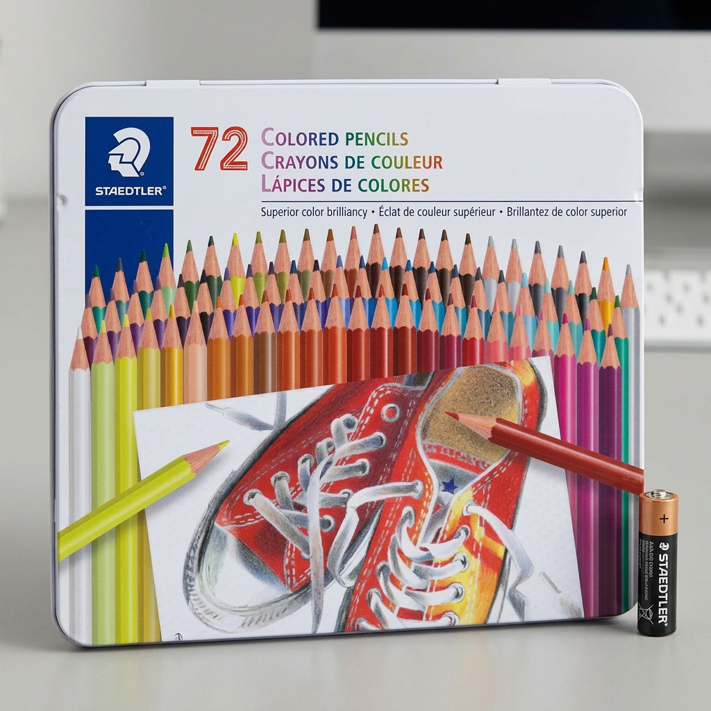 A high-resolution product shot of the STAEDTLER 72Colored Pencils set in metal tin.