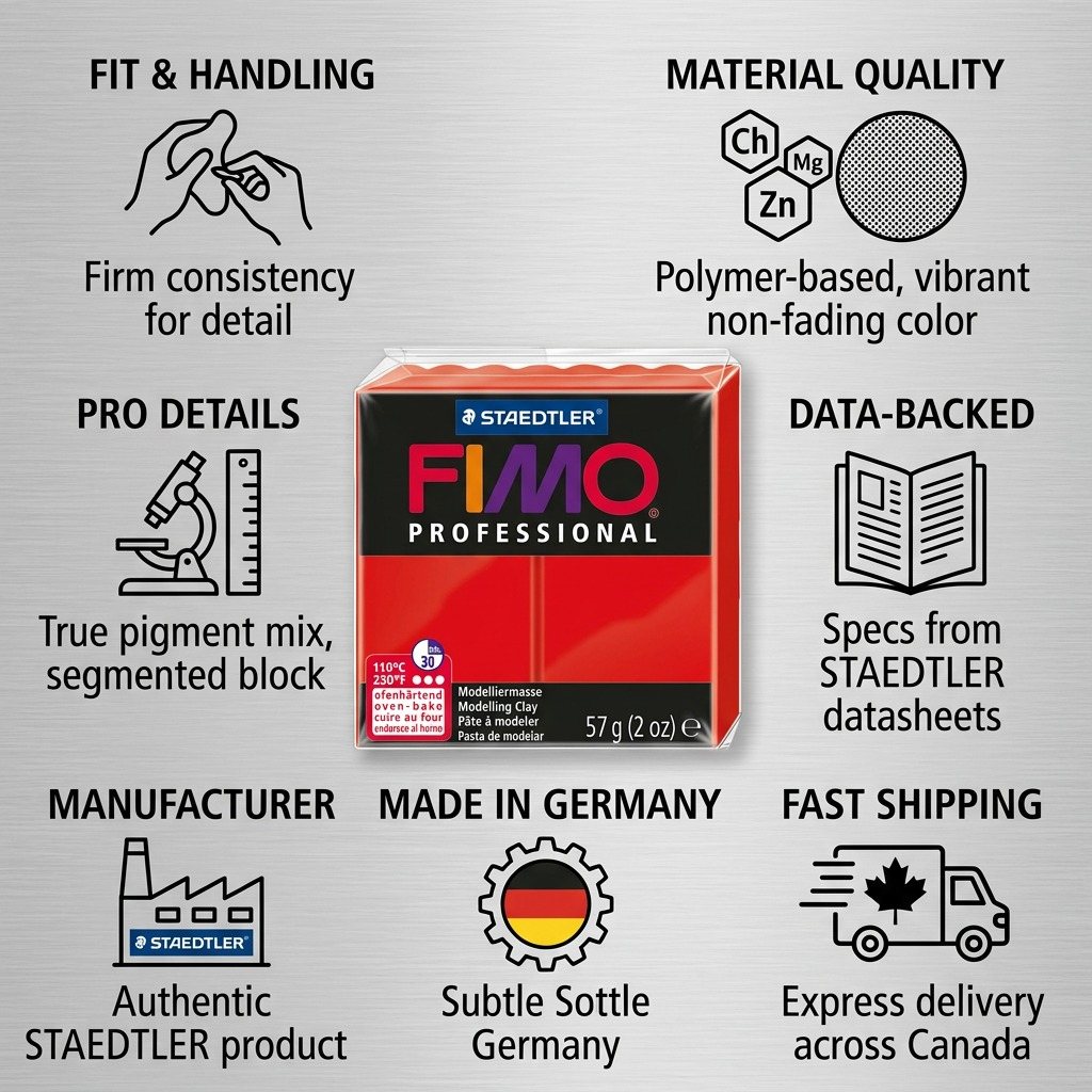 FIMO Professional – Pâte rouge pur 57 g, réf. 8005-200 — caractéristiques illustrées