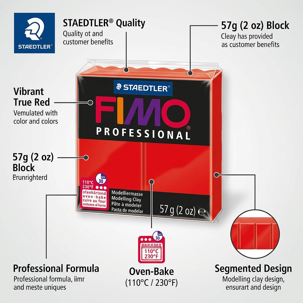 FIMO Professional – Pâte rouge pur 57 g, réf. 8005-200 — caractéristiques illustrées
