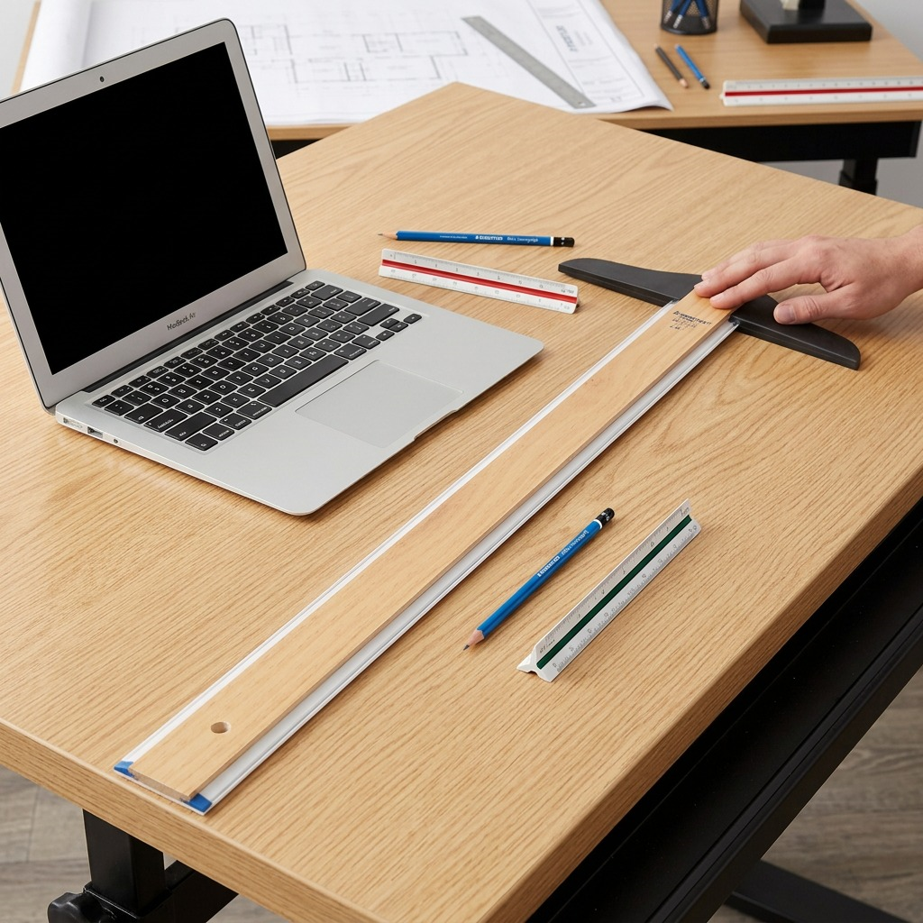 A high-resolution, pure white background product shot of the 24-inch STAEDTLER Mars T-square with a wood body and black head.