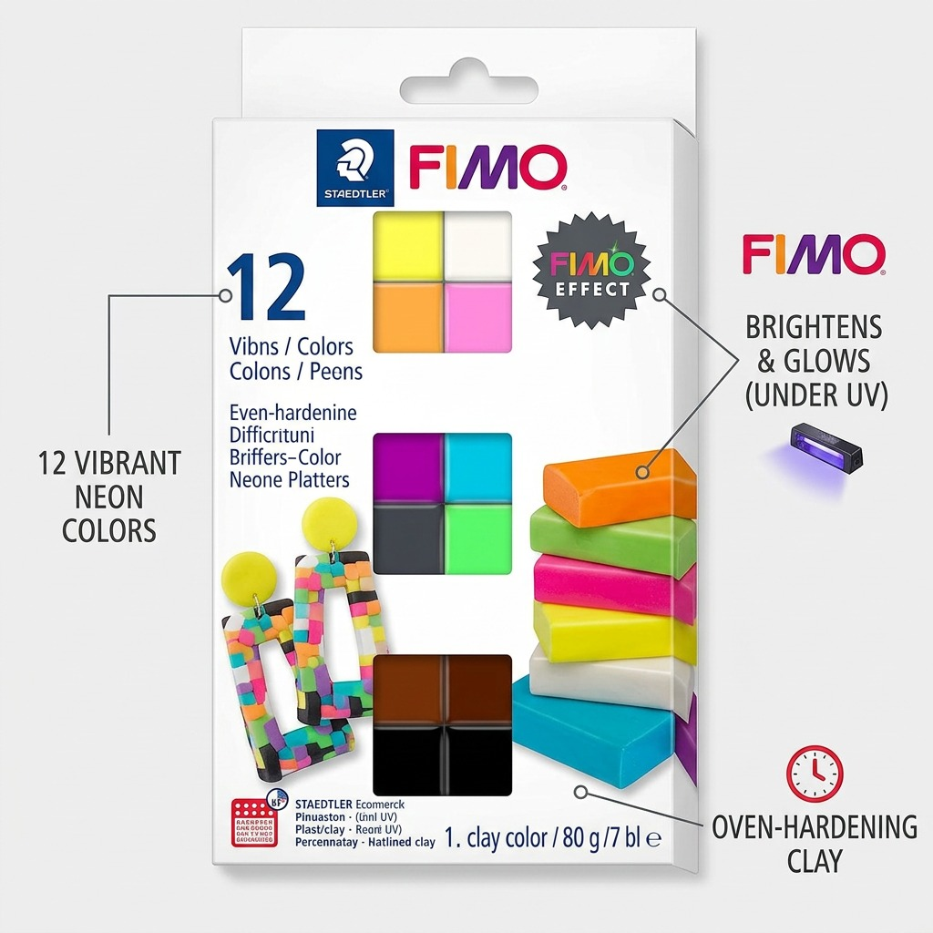 FIMO Effect Neon – Lot de 12 couleurs, réf. 8013-C12-3 — caractéristiques illustrées
