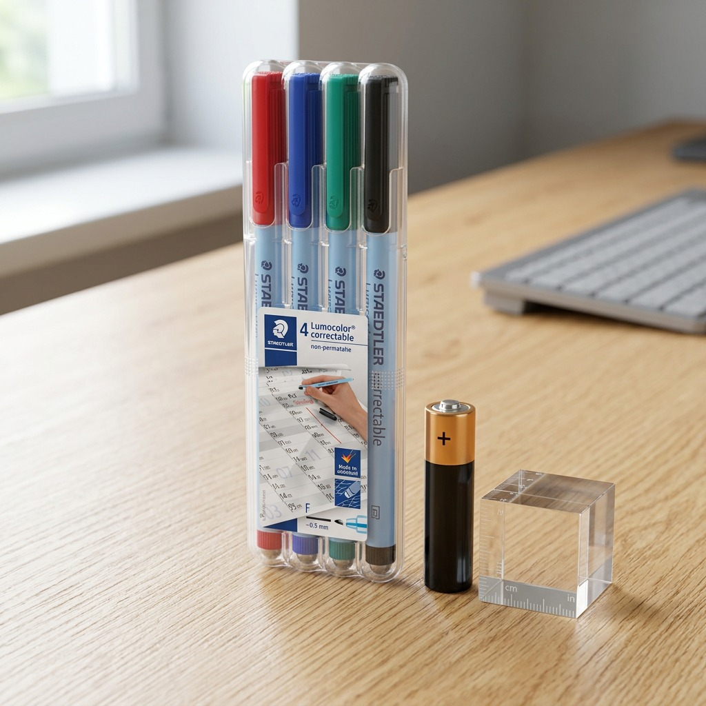 A precise, high-definition centered hero shot of the STAEDTLER Lumocolor 305F-WP4 whiteboard marker set in its transparent holder on a white background. No packaging is present.