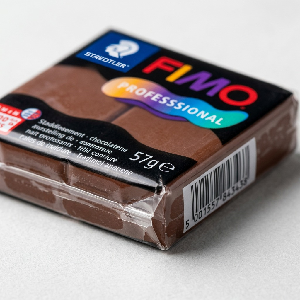 Pure high-resolution hero shot: STAEDTLER Fimo Professional Chocolate clay block, front view, on white background.