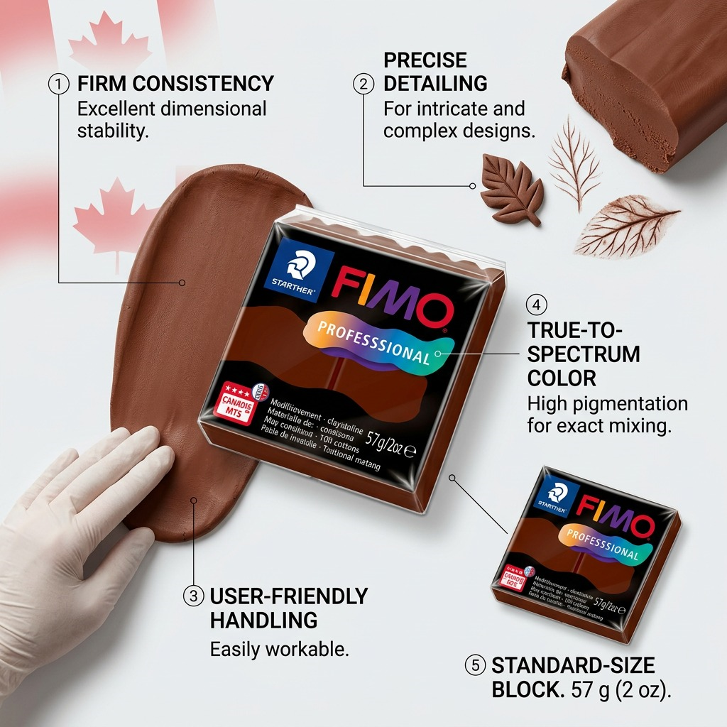 FIMO Professional – Pâte chocolat 57 g, réf. 8040-77 — caractéristiques illustrées