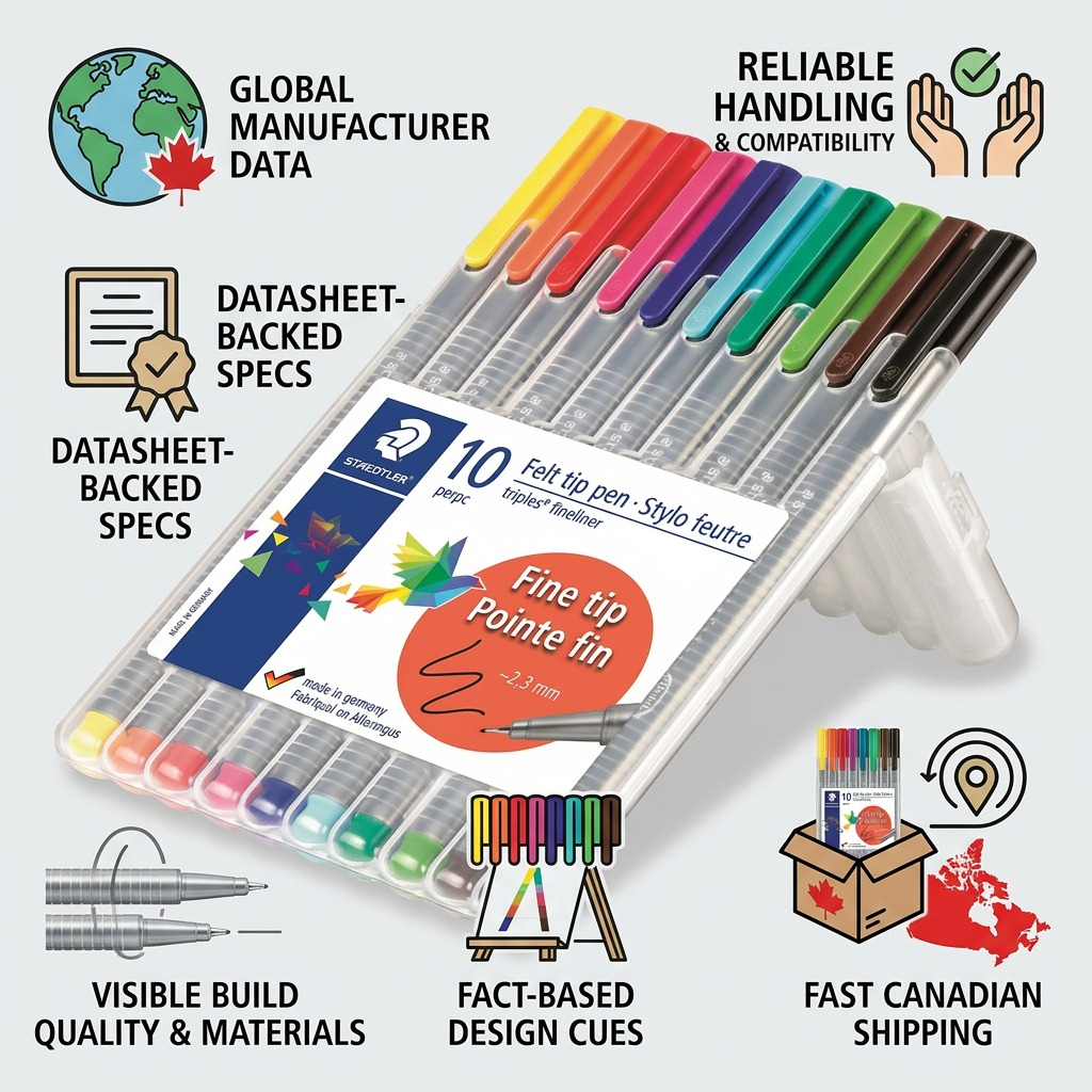 STAEDTLER triplus fineliner – Lot de 10 fineliners 0,3 mm, réf. 334-SB10A610 — caractéristiques illustrées