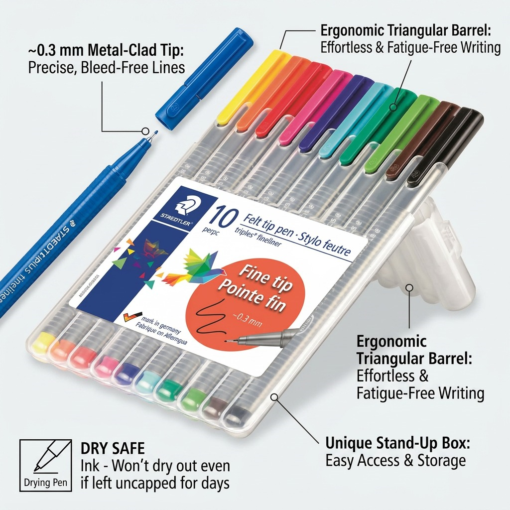 STAEDTLER triplus fineliner – Lot de 10 fineliners 0,3 mm, réf. 334-SB10A610 — caractéristiques illustrées