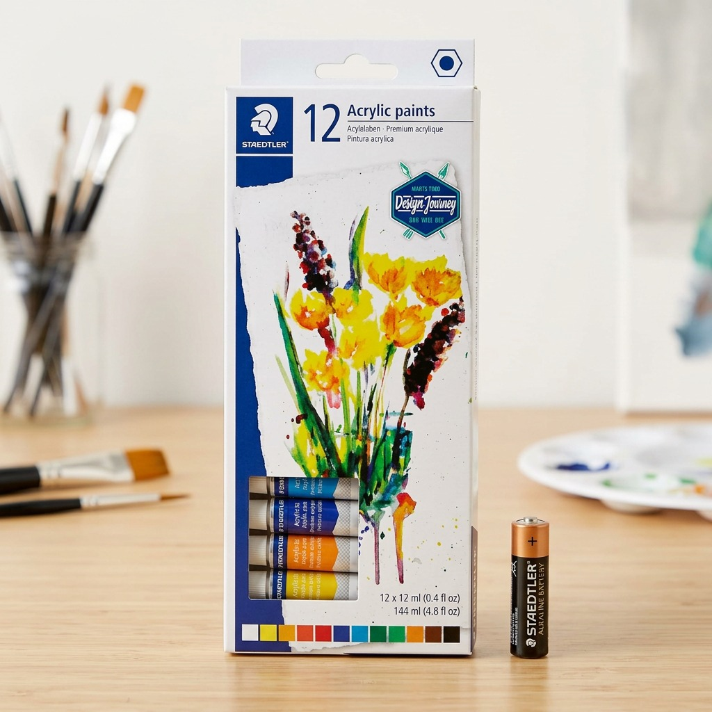 A pure, high-resolution hero shot of the STAEDTLER 8500-C12-02 acrylic paint set and three sample tubes, centered against a clean white background with a soft shadow.