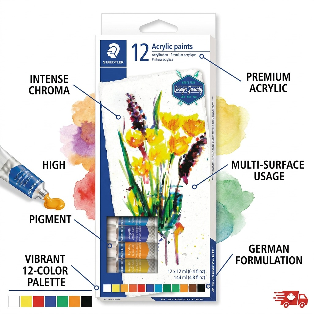 STAEDTLER – Lot de 12 acryliques tubes 12 ml, réf. 8500-C12-02 — caractéristiques illustrées