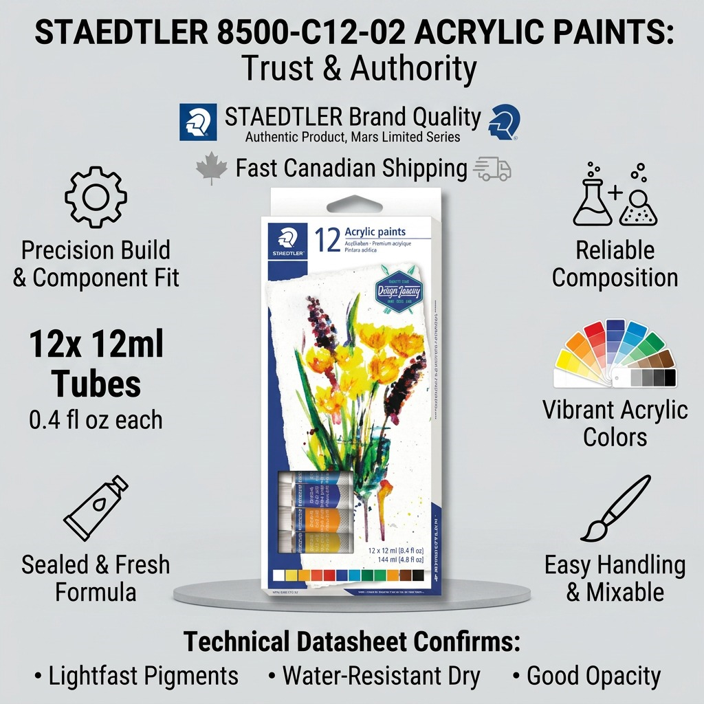 STAEDTLER – Lot de 12 acryliques tubes 12 ml, réf. 8500-C12-02 — caractéristiques illustrées