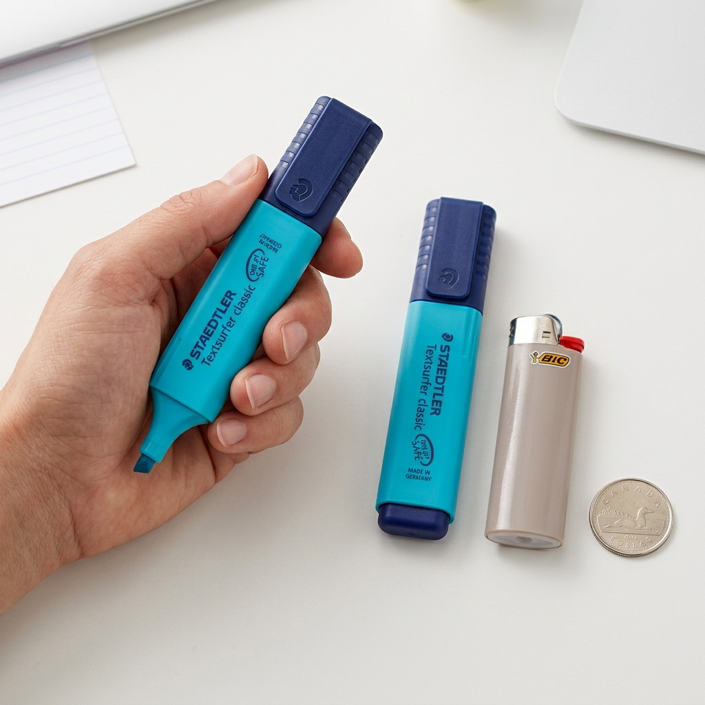 A crisp high-resolution hero image of the unique light blue STAEDTLER Textsurfer classic fluro blue highlighter, with its purple chiseled tip, resting in a minimalist setting with a gentle shadow. The distinctive STAEDTLER branding on the body and the STAEDTLER logo embossed on the purple tip remain intact. The background is a clean white to emphasize the product.