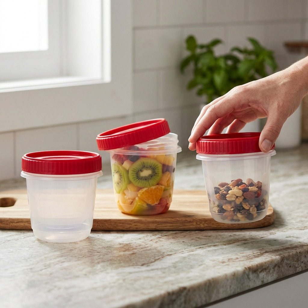 A high-resolution photo of three stacked, ruby-red Rubbermaid Twist & Seal 2.1C containers.