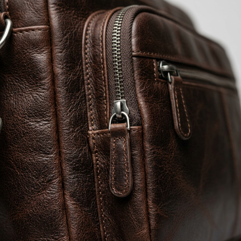 Gros plan sur le cuir brun et les coutures du sac Mancini Buffalo.