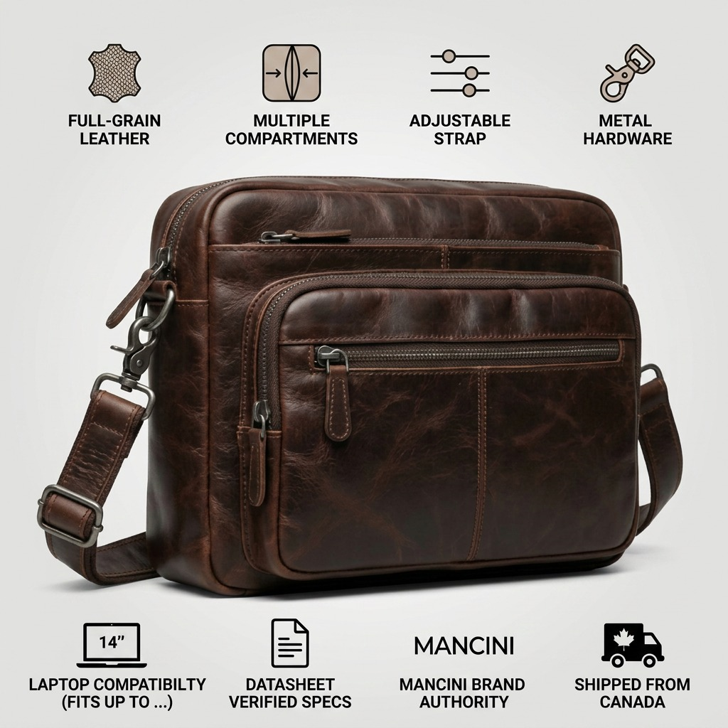 Infographie du sac messager brun Mancini Buffalo présentant ses caractéristiques et la livraison au Canada.