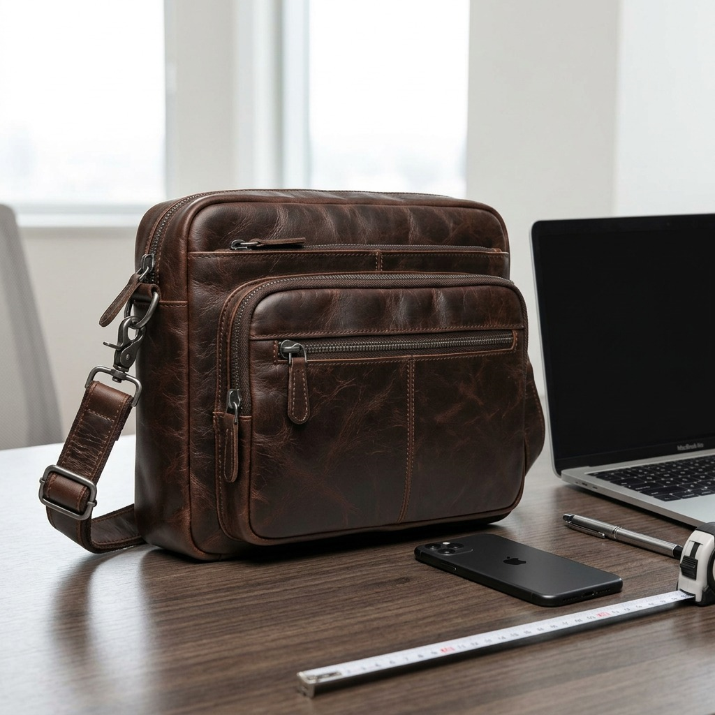 Sac messager brun Mancini Buffalo posé sur un bureau avec ordinateur portable et téléphone.