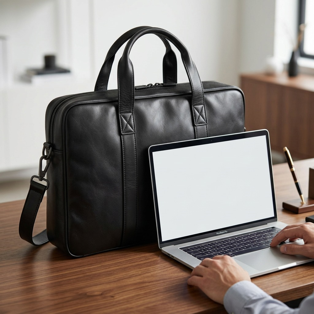 Mancini Leather Goods Porthole Briefcase: classic black leather double-handle, detachable strap product image.