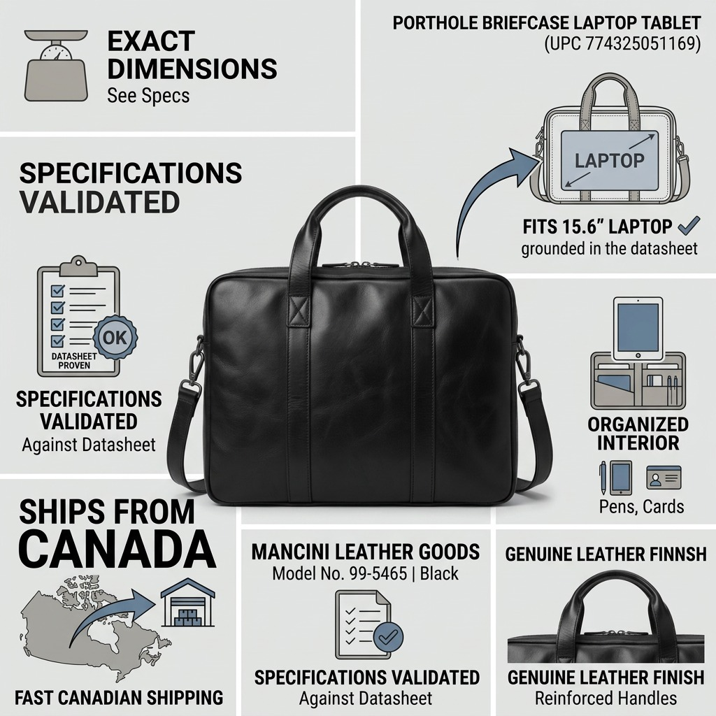 Infographie du porte-documents noir Mancini Buffalo présentant ses caractéristiques.