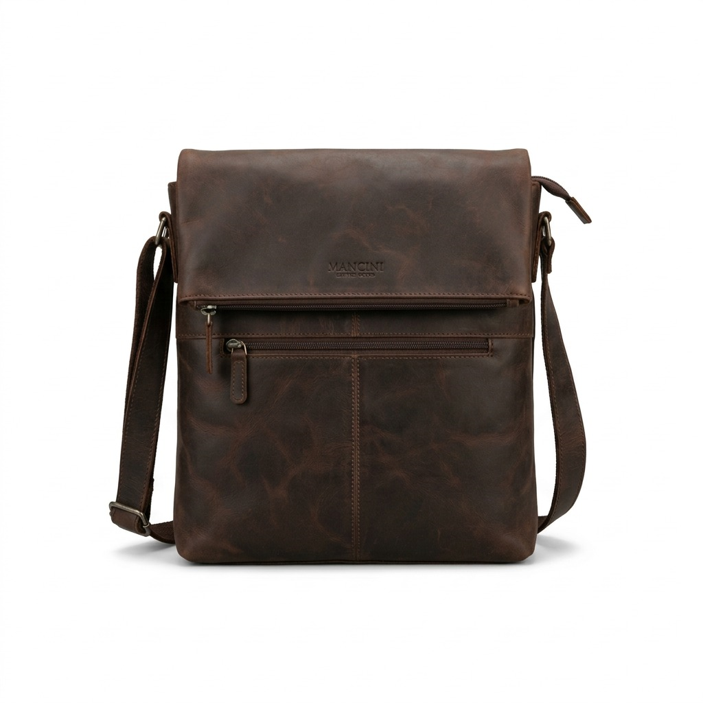 Front view of Mancini brown distressed leather crossover tablet bag (99-5463-BROWN) on white background.