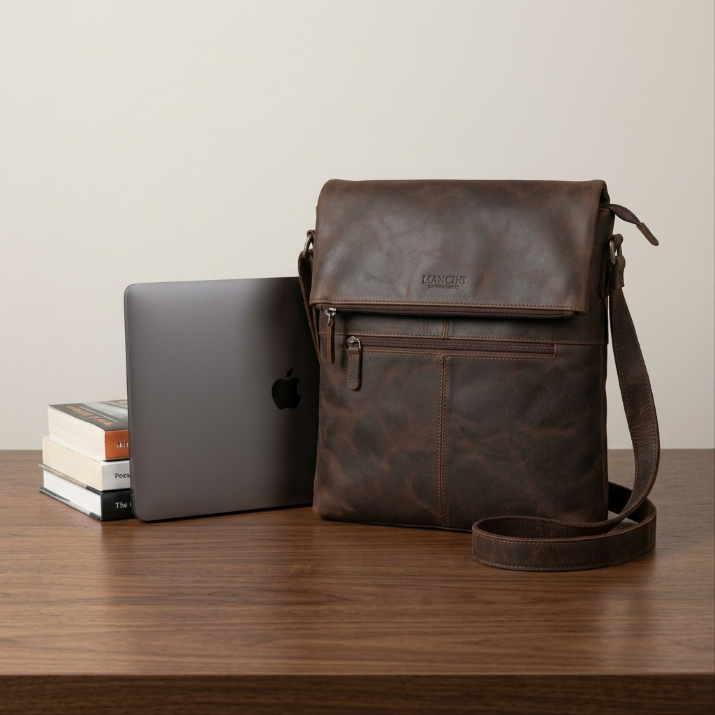 Front view of Mancini brown distressed leather crossover tablet bag (99-5463-BROWN) on white background.
