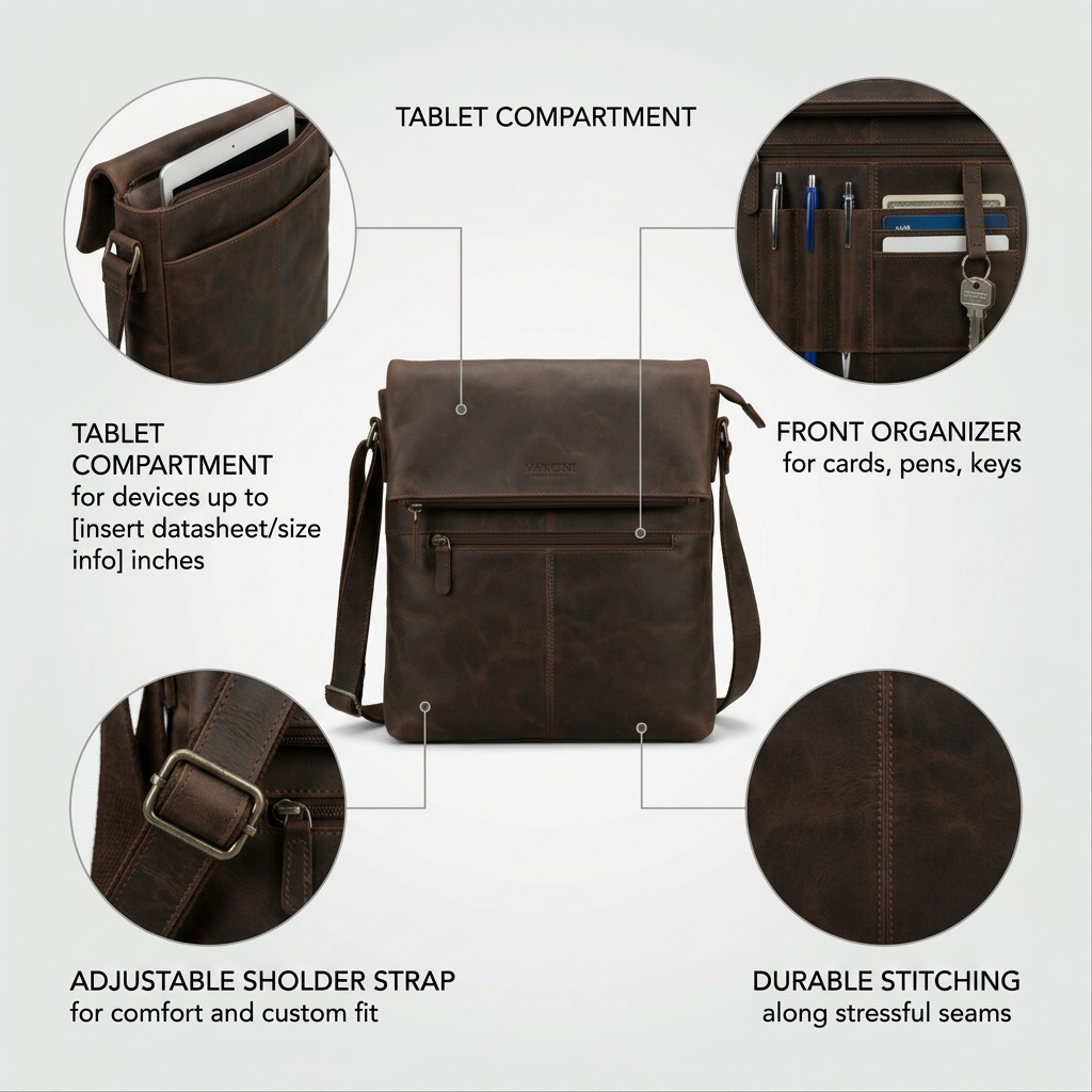Présentation illustrée des caractéristiques du sac messager brun compact Mancini.