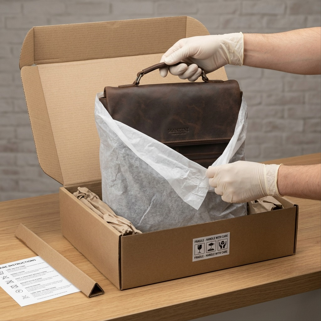 Sac messager brun Mancini dans son emballage de protection.