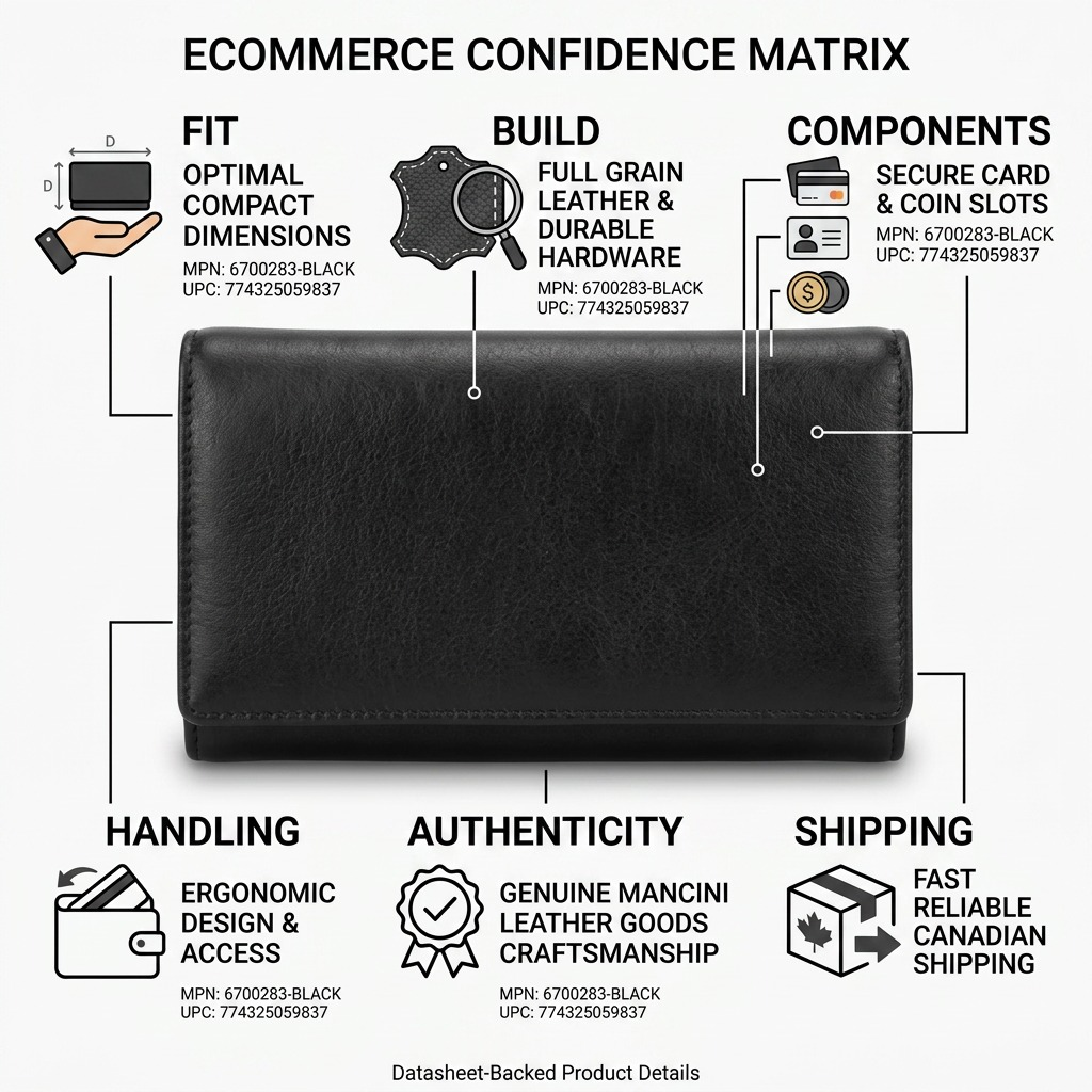 Infographie du portefeuille noir Mancini South Beach présentant ses caractéristiques.