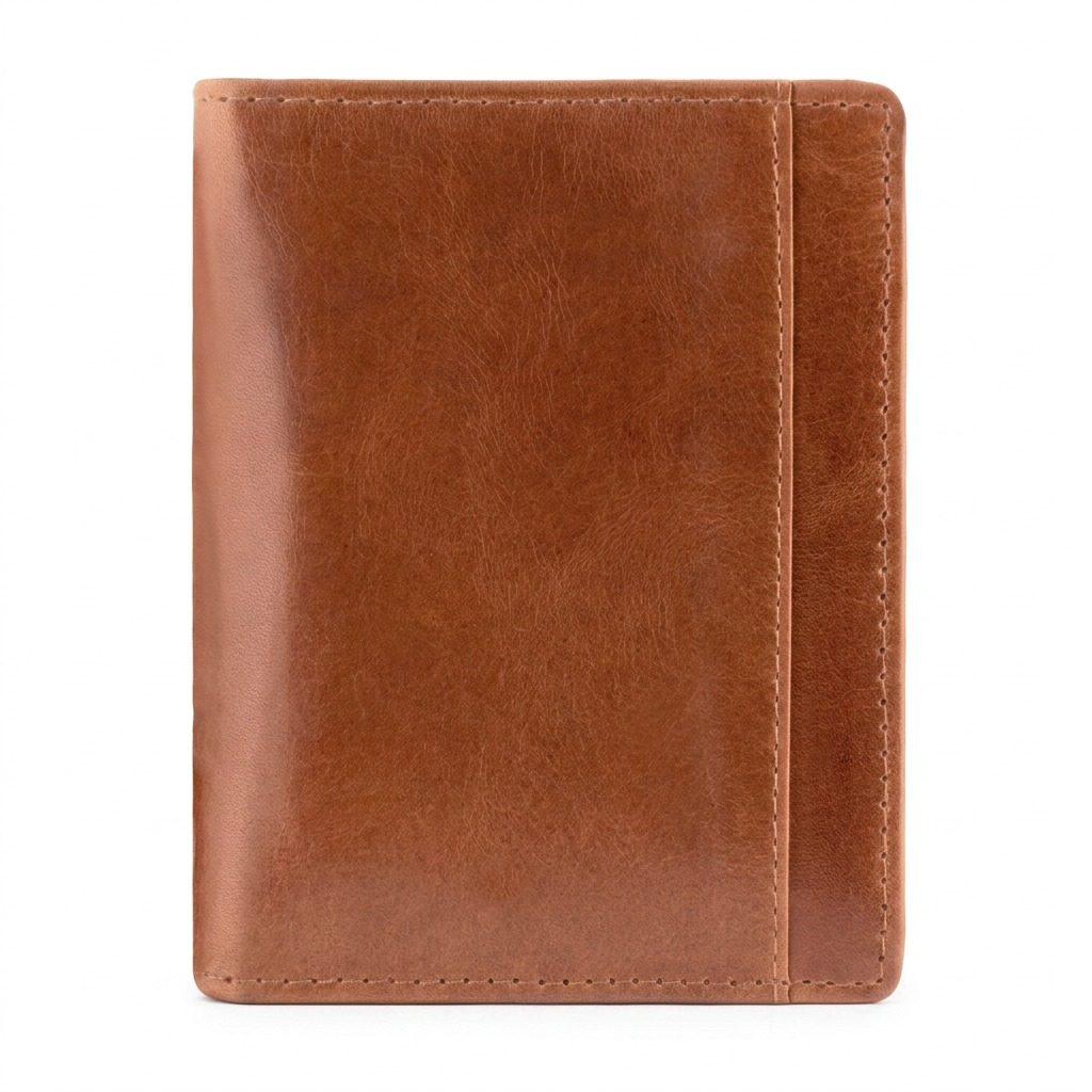 Mancini Men’s Vertical Wing Wallet in Cognac buffalo leather with visible grain and top stitching.