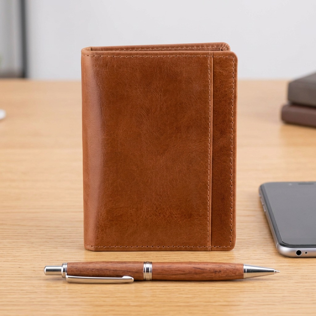 Mancini Men’s Vertical Wing Wallet in Cognac buffalo leather with visible grain and top stitching.
