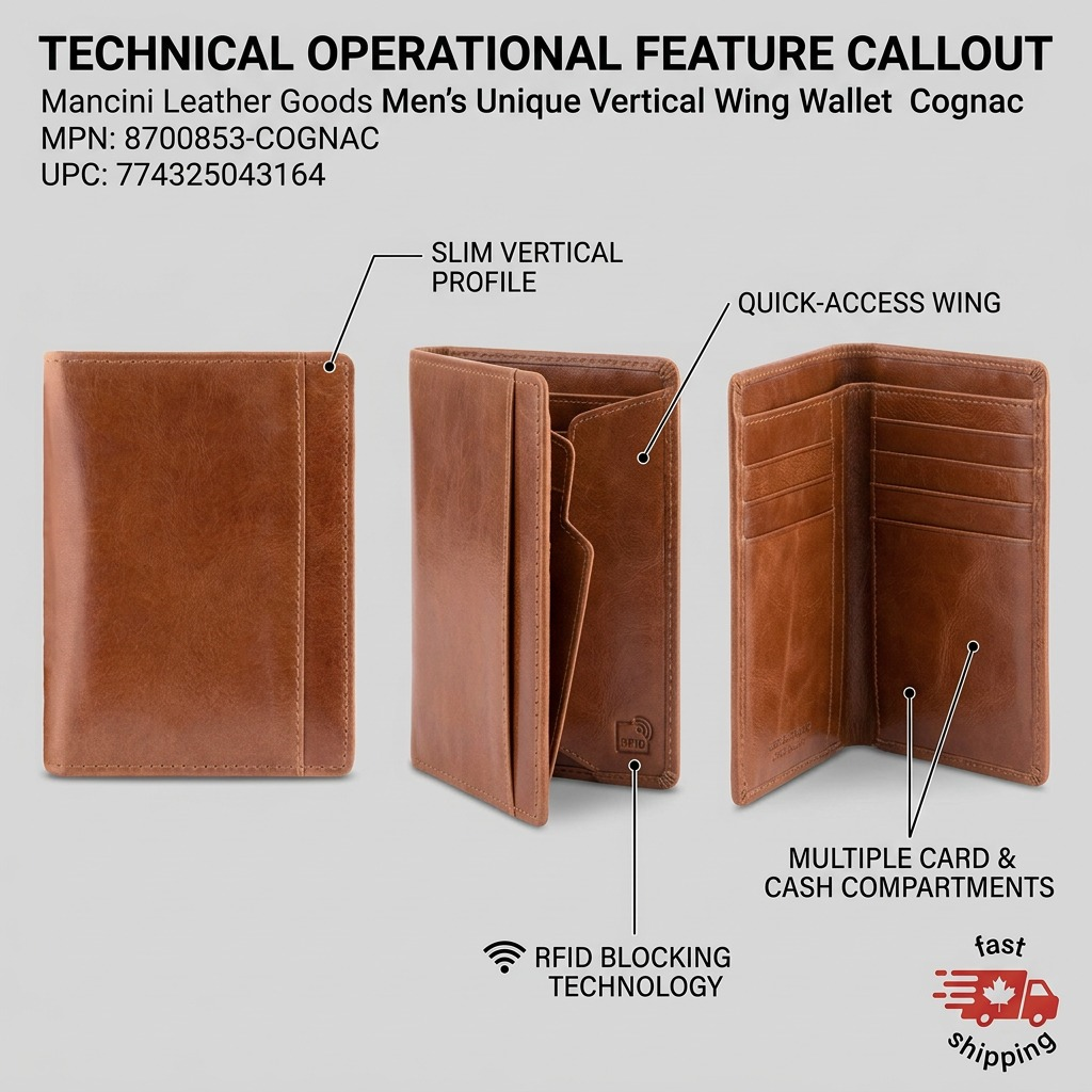 Schéma du portefeuille vertical cognac Mancini Wing avec fentes pour cartes et protection RFID.