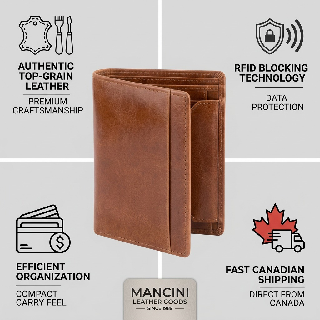 Infographie du portefeuille cognac Mancini avec protection RFID et renseignements de livraison.