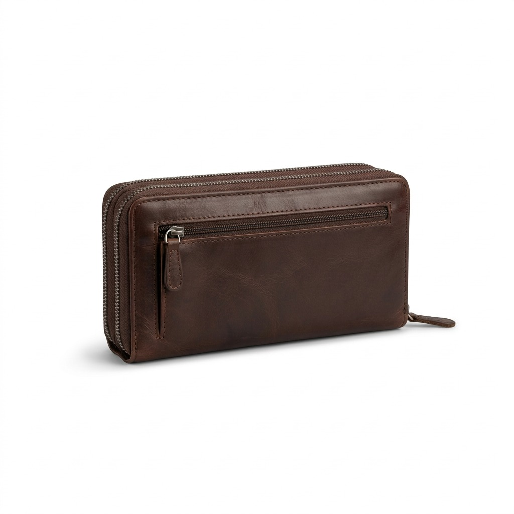 Mancini Arizona Ladies' Clutch Wallet in brown buffalo leather with RFID protection and dual zippers.