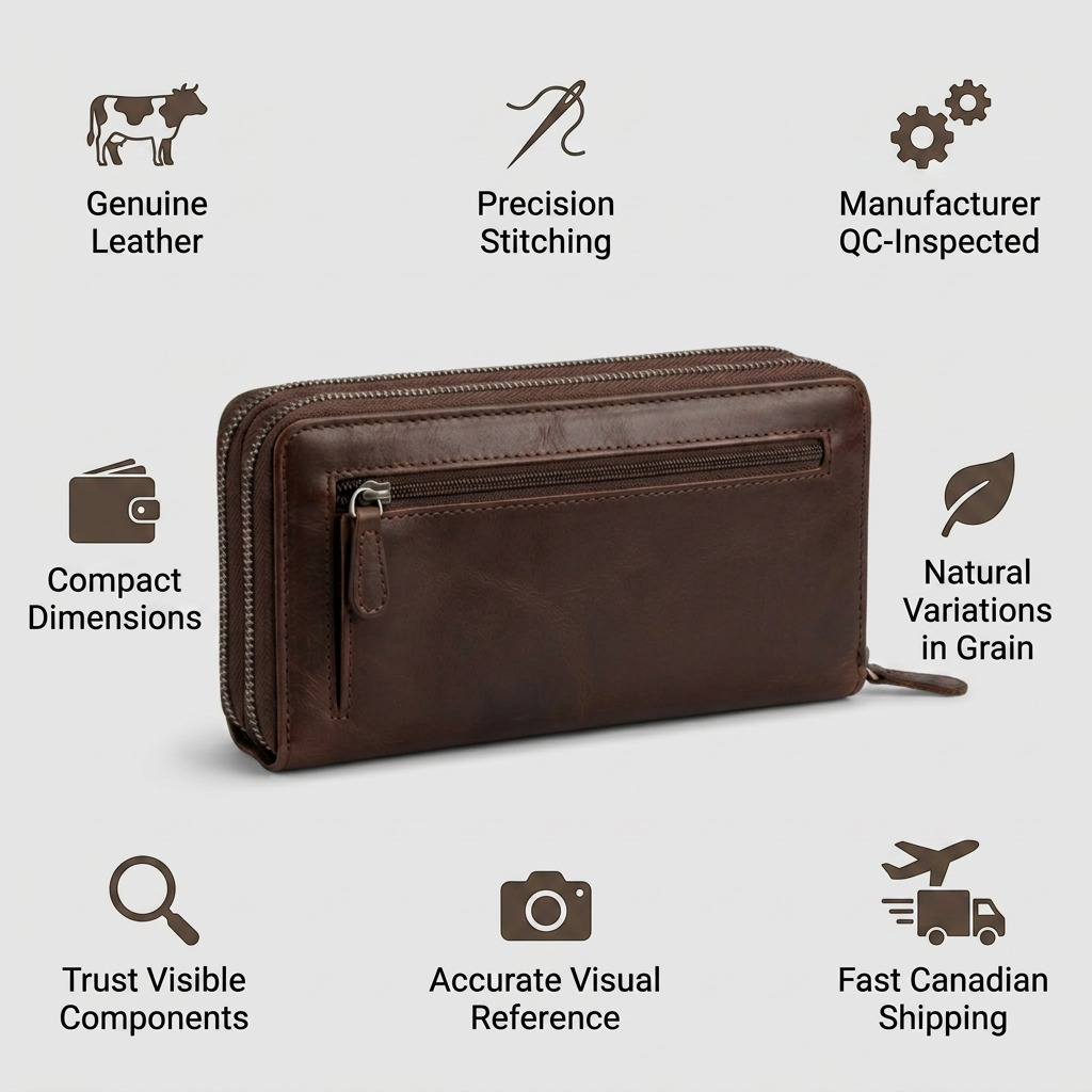 Infographie du portefeuille pochette brun Mancini présentant le cuir et ses finitions.