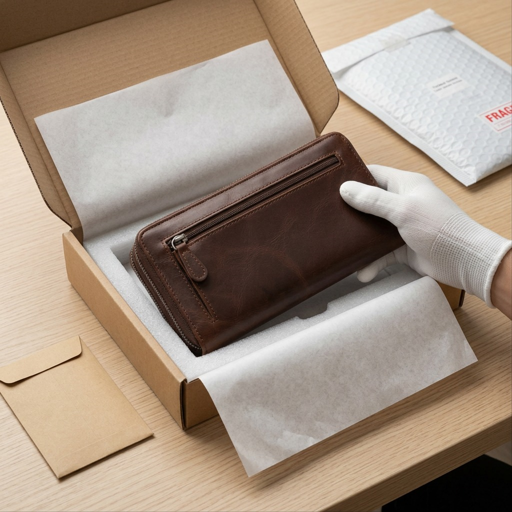 Portefeuille pochette brun Mancini extrait de son emballage par une main gantée.