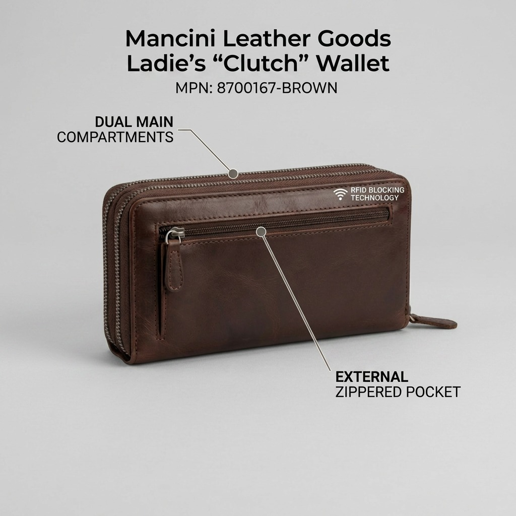 Portefeuille pochette brun Mancini avec deux compartiments et une poche zippée extérieure.