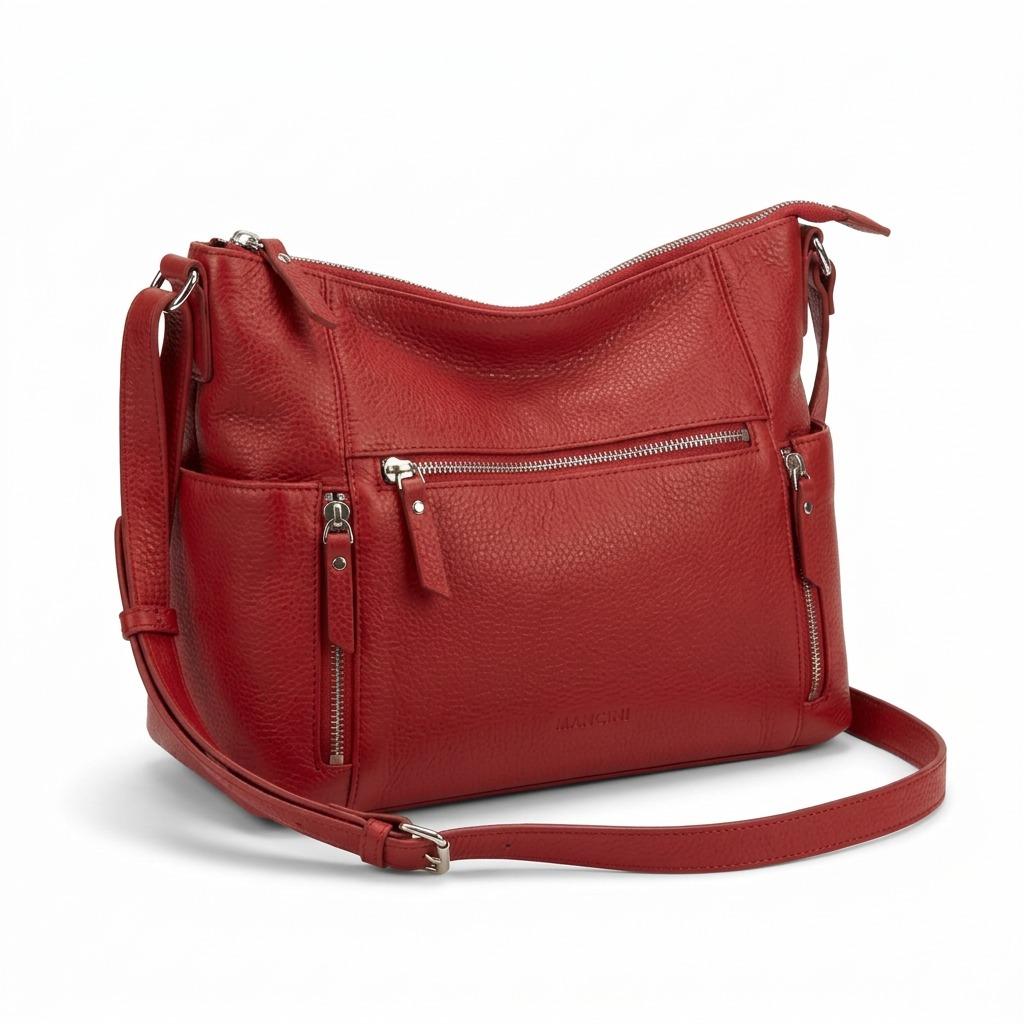 Detailed high-resolution product photography of the Mancini June Crossbody Bag (HBP1081-RED) in premium red pebble-grain leather on a clean white background. Centered composition, silver hardware details, and an embossed logo visible on the front. Includes a detachable crossbody strap.