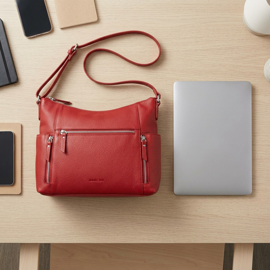 Detailed high-resolution product photography of the Mancini June Crossbody Bag (HBP1081-RED) in premium red pebble-grain leather on a clean white background. Centered composition, silver hardware details, and an embossed logo visible on the front. Includes a detachable crossbody strap.
