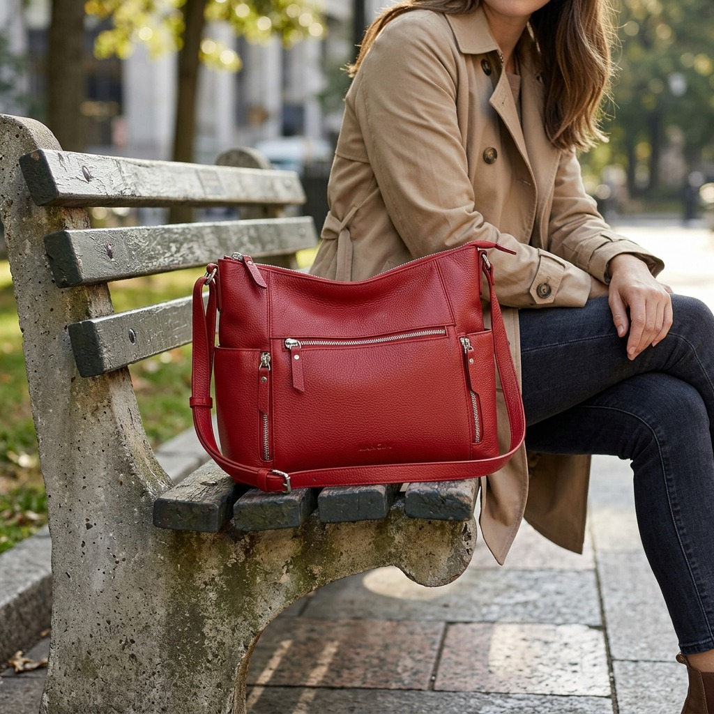 Sac à bandoulière June rouge en cuir grainé – Mancini, référence HBP1081-RED