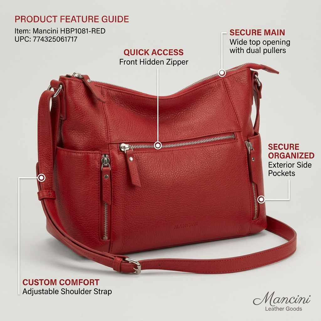 Infographie du sac à bandoulière rouge Mancini June montrant les poches, fermetures et bandoulière.