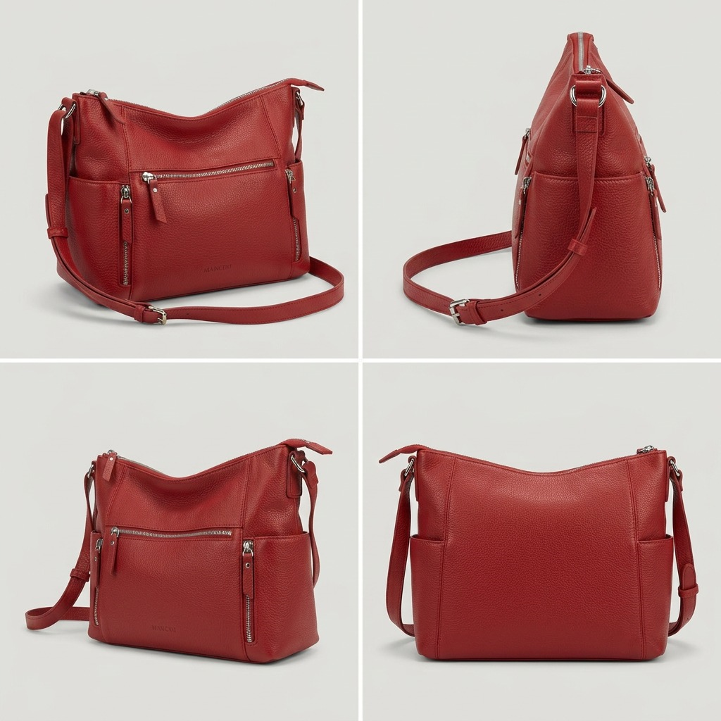 Sac à bandoulière rouge Mancini June en cuir grainé — vues de face, de côté et de dos.