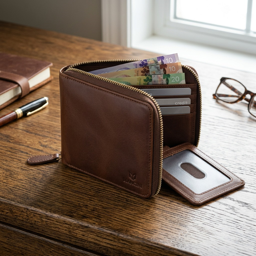Portefeuille brun Mancini zippé sur un bureau en bois avec accessoires.