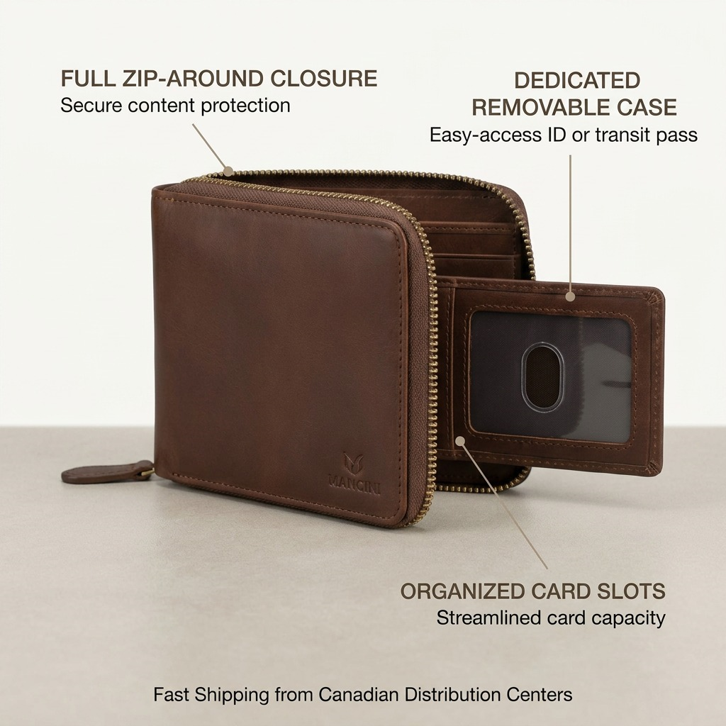 Portefeuille brun zippé avec étui amovible – Mancini, référence 8700159-BROWN